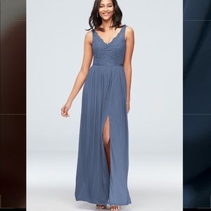 Steel Blue Lace and Mesh V-Neck Bridesmaid Dress